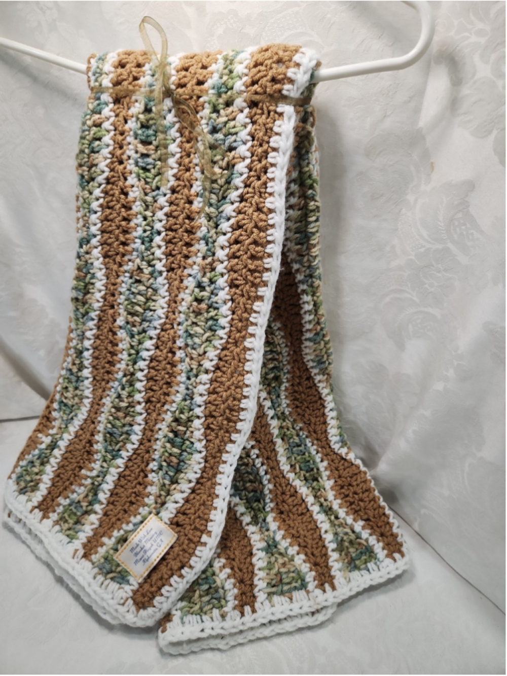 Hand Crocheted Baby Afghan Blanket Brown Green White Ripple 36 x 40 - Picture 1 of 6